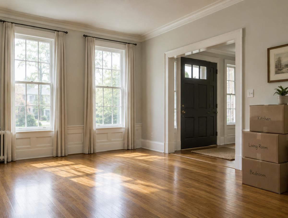 Empty sunlit room with a few labeled boxes by the door