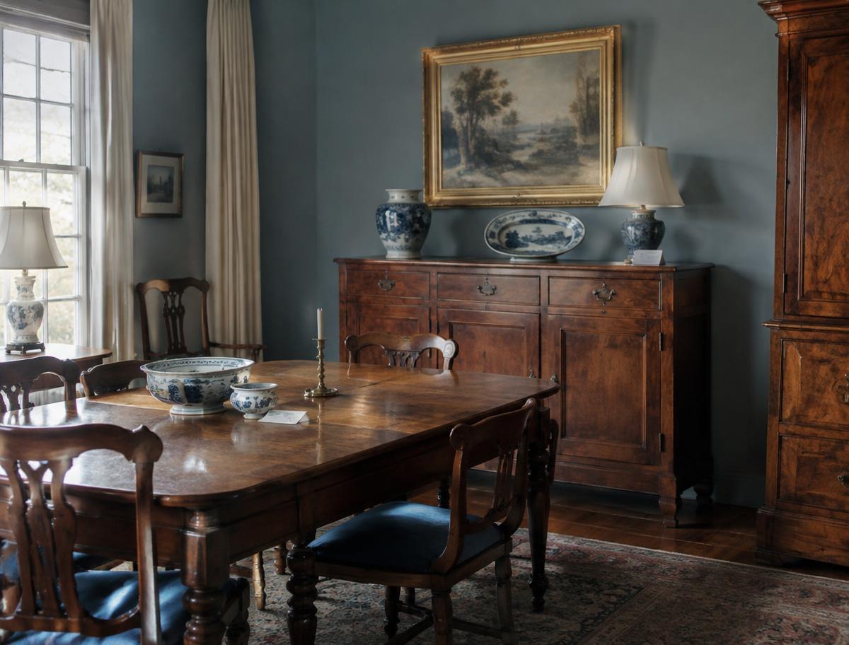 Antique dining room furniture and porcelain arranged for sale