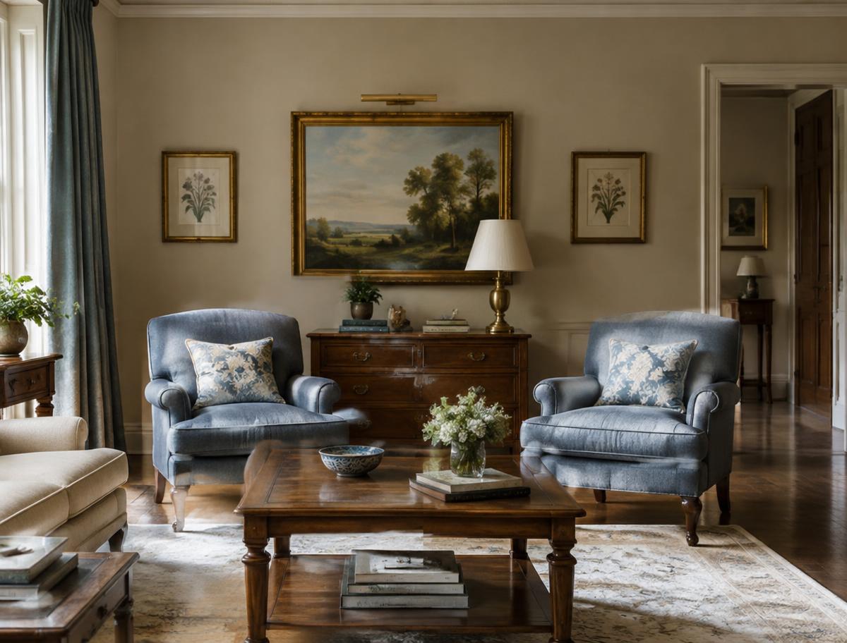 Traditional living room with armchairs and framed art