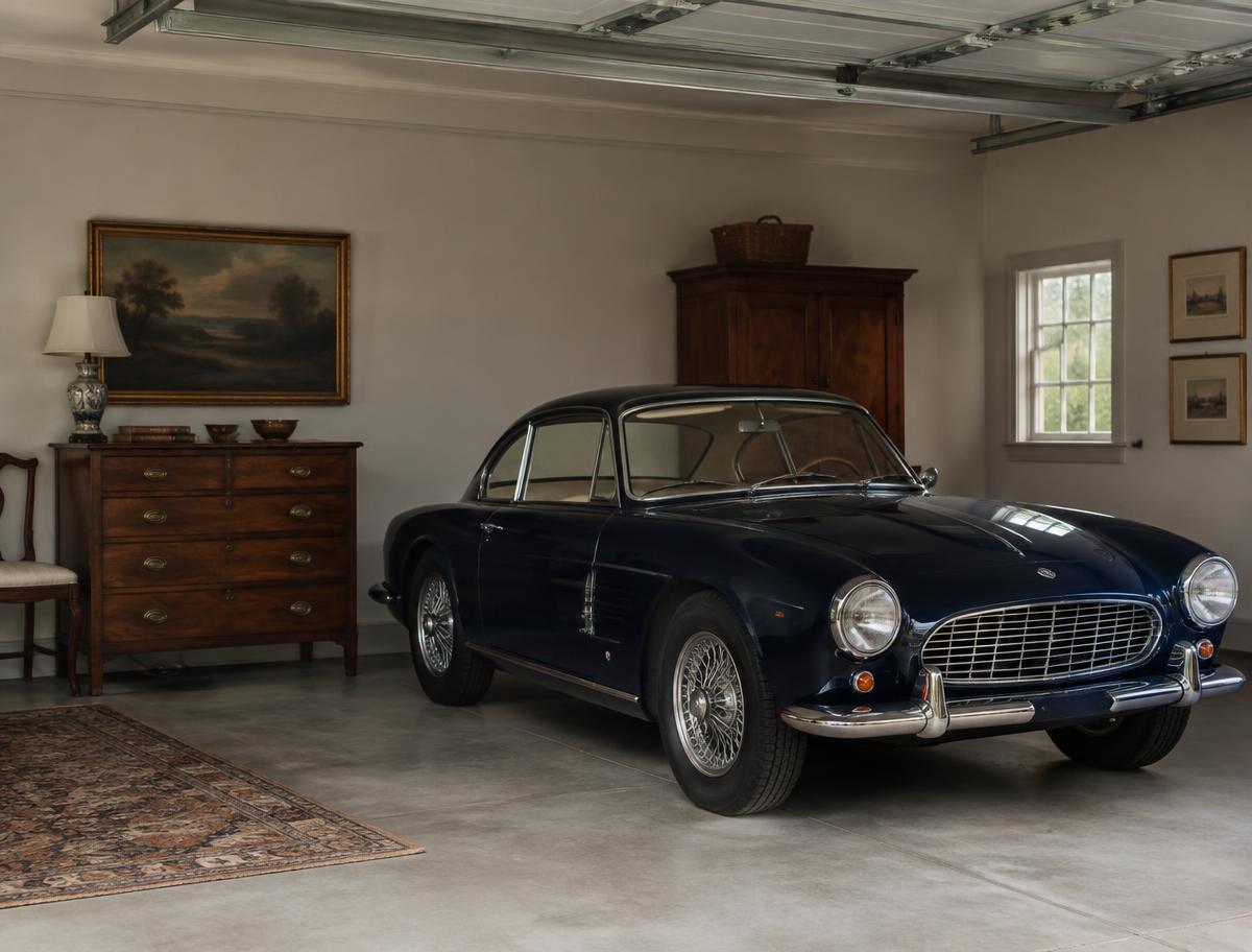 Classic navy car in a garage beside antique furniture